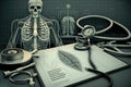 A green monochrome medical background with a skeleton, a notebook and other medical equipments. Created with Generative AI