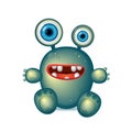 Green Monster with big eyes and red mouth. Vector cartoon funny germ, green bacteria