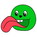 Green monster head stuck out a long tongue wanting to lick. doodle icon drawing