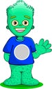 Green monster kid. Hand shaking creature cartoon green alien boy. Editable t shirt logo With freckles and flame hair. 2D vector, i