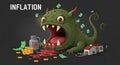 Green monster with large eyes and sharp teeth, symbolizing inflation, devours Royalty Free Stock Photo