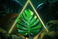 Green monstera leaf illuminated by radiant neon light in 3D