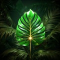 Green monstera leaf illuminated by radiant neon light in 3D