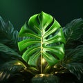 Green monstera leaf illuminated by radiant neon light in 3D