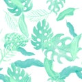 Green Monstera Pattern Foliage. White Seamless Palm. White Watercolor Textile. Tropical Textile.
