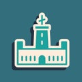 Green Montjuic castle icon isolated on green background. Barcelona, Spain. Long shadow style. Vector Royalty Free Stock Photo