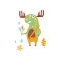 Green Moose Wearing Uellow Pants With Suspender Holding A Fallen Leaf Smiling In Autumn Standing Upright Humanized