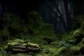 Green moss and background. Backdrop for displaying products. Dark forest background. Royalty Free Stock Photo