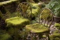 Green moss covered backyard chairs. Generate ai