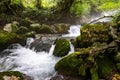 Green moss waterfall cascades with fog