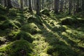 Green mossy backlit forest Royalty Free Stock Photo