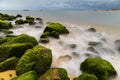 Green mossy seashore stones, green algea, white blur wave, Long exposure photo. Royalty Free Stock Photo
