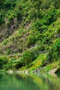 A green mountain river flowing along a forested cliffs of a gorge. Waioeka Gorge, North Island, New Zealand Royalty Free Stock Photo