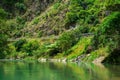 A green mountain river flowing along a forested cliffs of a gorge. Waioeka Gorge, North Island, New Zealand Royalty Free Stock Photo