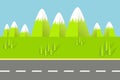 Green mountain and trees, grey highway, flat design