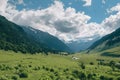 Green mountain valley landscape with river and cloudy sky Royalty Free Stock Photo