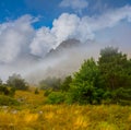 Green mountain valley under cloudy sky in dense mist