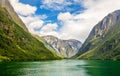 Green mountain walls along narrow Naeroy fjord,  Aurlan, Sogn og Fjordane county, Norway Royalty Free Stock Photo