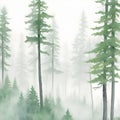 Green Mountains with forest trees in fog. Hand drawn watercolor misty lake and woods landscape. Green watercolor landscape with Royalty Free Stock Photo