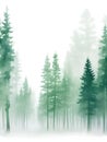 Green Mountains with forest trees in fog. Hand drawn watercolor misty lake and woods landscape. Green watercolor landscape with Royalty Free Stock Photo