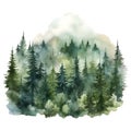 Green Mountains with forest trees in fog. Hand drawn watercolor misty lake and woods landscape. Green watercolor landscape with Royalty Free Stock Photo