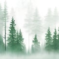 Green Mountains with forest trees in fog. Hand drawn watercolor misty lake and woods landscape. Green watercolor landscape with Royalty Free Stock Photo