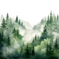 Green Mountains with forest trees in fog. Hand drawn watercolor misty lake and woods landscape. Green watercolor landscape with Royalty Free Stock Photo