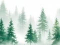 Green Mountains with forest trees in fog. Hand drawn watercolor misty lake and woods landscape. Green watercolor landscape with Royalty Free Stock Photo