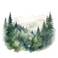 Green Mountains with forest trees in fog. Hand drawn watercolor misty lake and woods landscape. Green watercolor landscape with Royalty Free Stock Photo