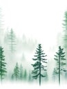 Green Mountains with forest trees in fog. Hand drawn watercolor misty lake and woods landscape. Green watercolor landscape with Royalty Free Stock Photo