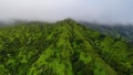 Green Mountains And Misty Sky, Aerial View From A Helicopter, Kauai, Hawaii