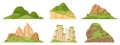 Green mountains set. Cartoon hill tops, mountain green peak and rocky range, nature landscape mountain silhouettes flat vector Royalty Free Stock Photo