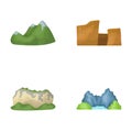 Green mountains with snow tops, a canyon, rocks with forests, a lagoon and rocks. Different mountains set collection