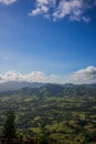 Green mountains and valleys of the island of Haiti. Blue mountai