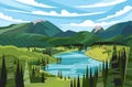 Green mountains vector landscape with river on a blue cloudy sky background.. Countryside panorama. Green color. Vector flat