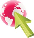 Green mouse cursor arrow click is pointing to pink earth map globe, vector concept colored icon or symbol Royalty Free Stock Photo