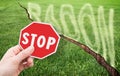 A green mowed lawn with a diagonal crack with radon gas escaping - concept with stop sign