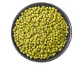 Green mung beans in a black plate isolated on white background. top view Royalty Free Stock Photo