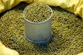 Green mung beans in can and the sack for sale in market Royalty Free Stock Photo