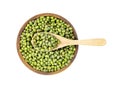 Green mung beans with wooden spoon and bowl isolated on white background Royalty Free Stock Photo