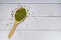 Green mung beans in wooden spoon on white wood background. top view. vegan food concept