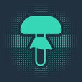 Green Mushroom icon isolated on blue background. Abstract circle random dots. Vector