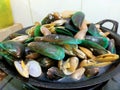 Green mussels and batik clams being cooked. Can be cooked in soup or cooked with tomato sauce and soy sauce