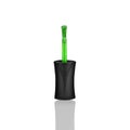 Green nail polish black plastic brush on white background isolated closeup & mirror reflection, green varnish brush with shadow