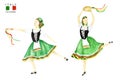 Green national costume dancing an Italian tarantella with a tambourine on white background. Set of Woman dancer in green