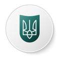 Green National emblem of Ukraine icon isolated on white background. Ukrainian trident. White circle button. Vector