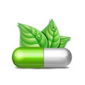 Green natural medical pill with green leaves. Pharmaceutical vector symbol with leaf for pharmastore Royalty Free Stock Photo