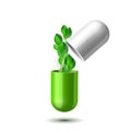 Green natural medical pill with green leaves. Pharmaceutical vector symbol with leaf for pharmastore