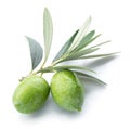 Green natural olives with leaves isolated on a white background Royalty Free Stock Photo