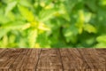 Green nature blur with wooden table background for natural products montage template